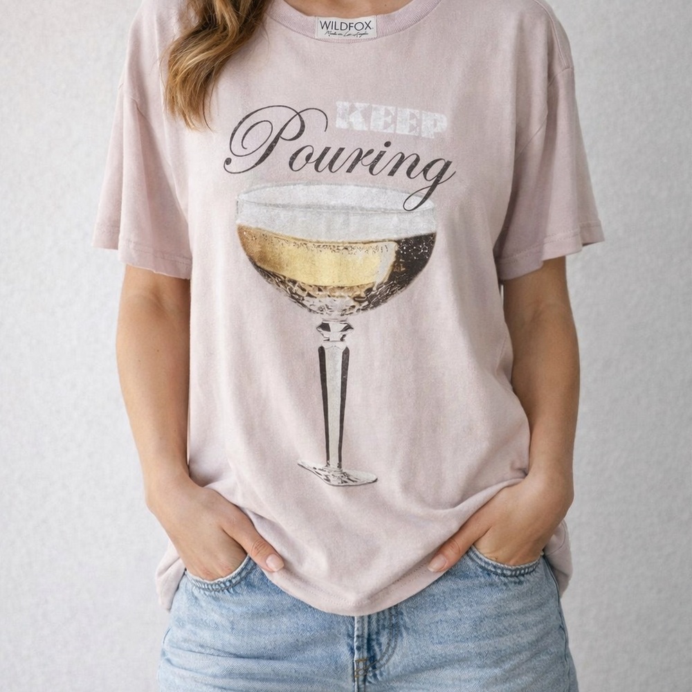 Wildfox 'Keep Pouring' Pink Graphic Tee - Picture 1 of 5